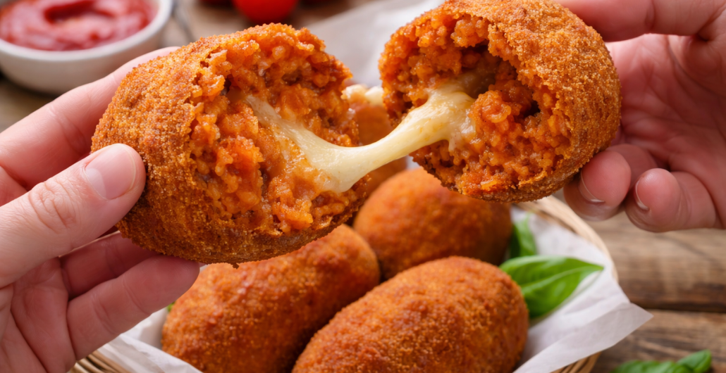 Frittierte Supplì mit Mozzarella Dehnung